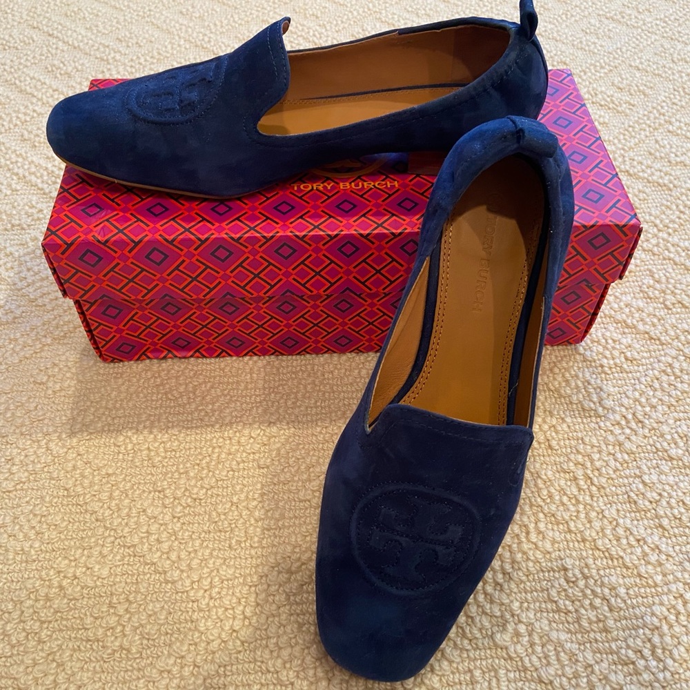 TORY BURCH BLUE SUEDE LOAFERS